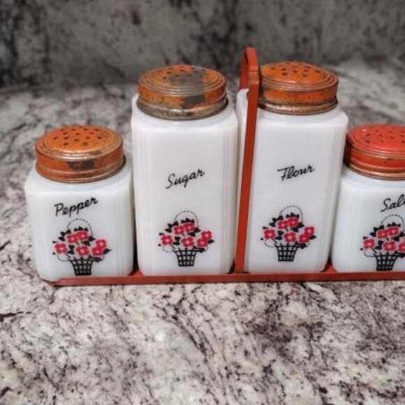 Vintage Tipp Co Milk Glass Flower Basket Kitchen Shaker Set